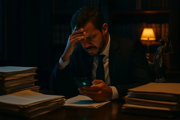 Advogado respondendo mensagens de clientes à noite